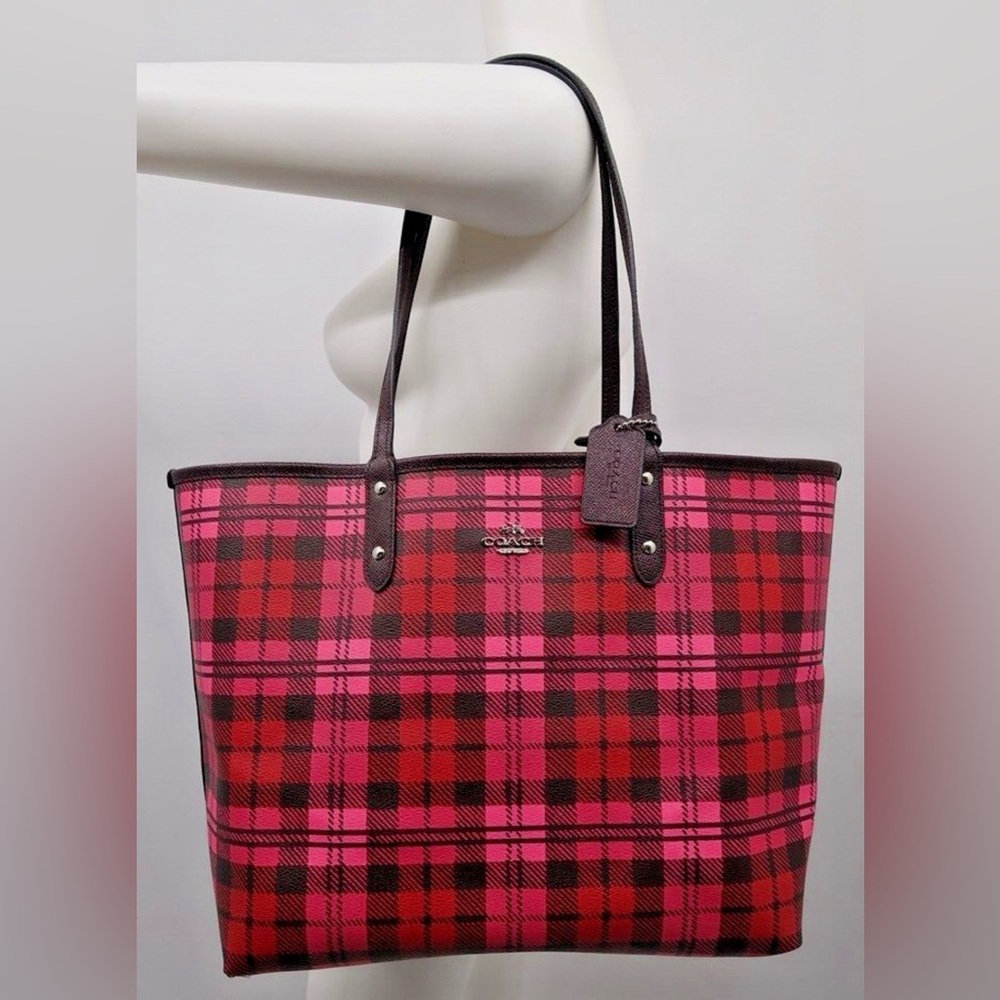 Coach Reversible City Tote in Shadow Plaid Print & Oxblood - Picture 2 of 7